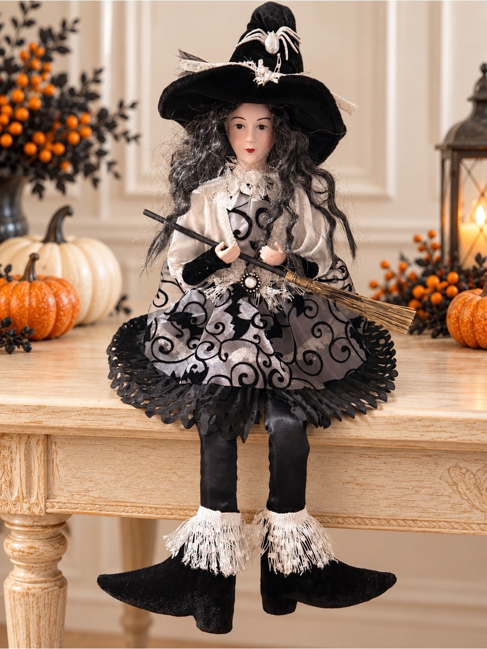 Halloween Witch Shelf Sitter Doll Holiday Festive Decor - Black Whimsical 27”